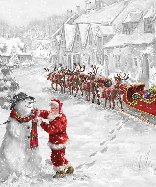 More Christmas Wishes - Santa Snowman Sleigh 35.5" Fabric Panel, Riley Blake PD16552-Panel, Digitally Printed Christmas Santa Fabric Panel
