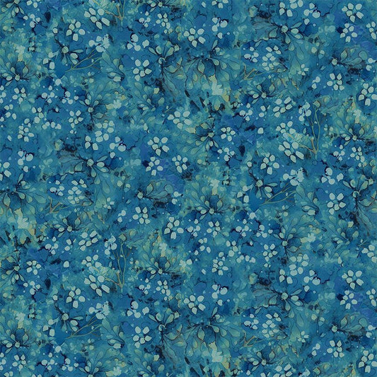 Forest Whisper - Dark Blue Tonal Floral Fabric, Timeless Treasures FLEUR-CD3687 Cobalt, Blue Green Floral Blender Cotton Fabric