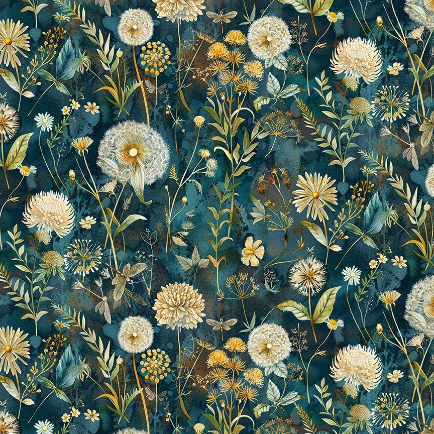 Forest Whisper - Midnight Wild Dandelions Floral on Dark Teal Fabric, Timeless Treasures FLEUR-CD3683 Night, Botanical Floral Cotton Fabric