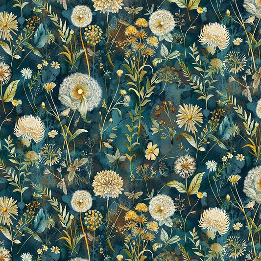 Forest Whisper - Midnight Wild Dandelions Floral on Dark Teal Fabric, Timeless Treasures FLEUR-CD3683 Night, Botanical Floral Cotton Fabric