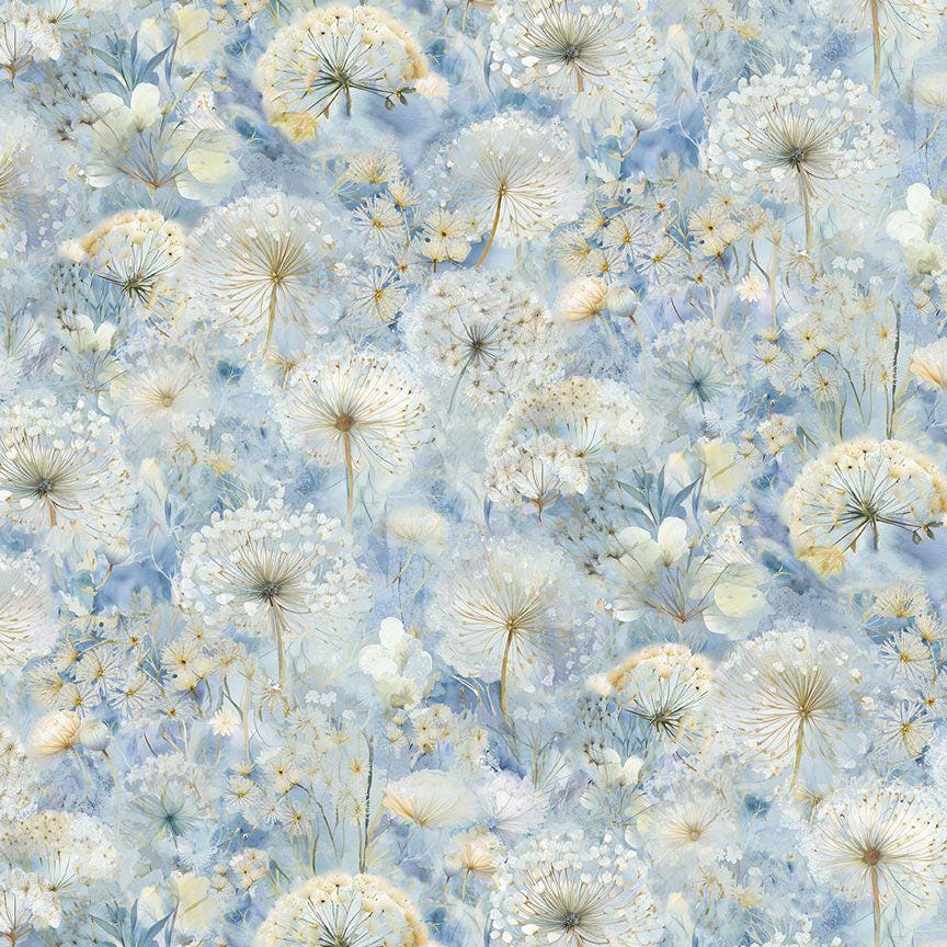 Forest Whisper - Dandelion Field on Light Blue Fabric, Timeless Treasures FLEUR-CD3684 Sky, Blue White Beige Floral Cotton Fabric
