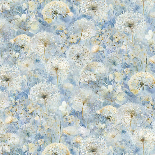 Forest Whisper - Dandelion Field on Light Blue Fabric, Timeless Treasures FLEUR-CD3684 Sky, Blue White Beige Floral Cotton Fabric