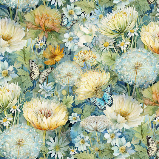 Forest Whisper - Large Blooms Floral Fabric, Timeless Treasures FLEUR-CD3681 Bloom, Yellow Blue Green Floral Cotton Fabric