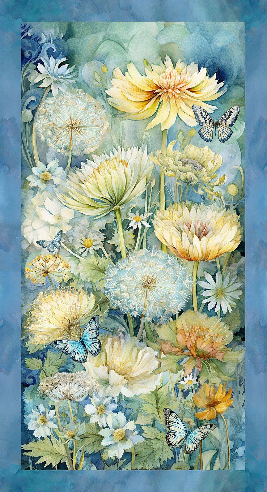 Forest Whisper - Blue Yellow Floral 24" Fabric Panel, Timeless Treasures PANEL-CD3680 Multi, Dandelions Butterflies Fabric Panel