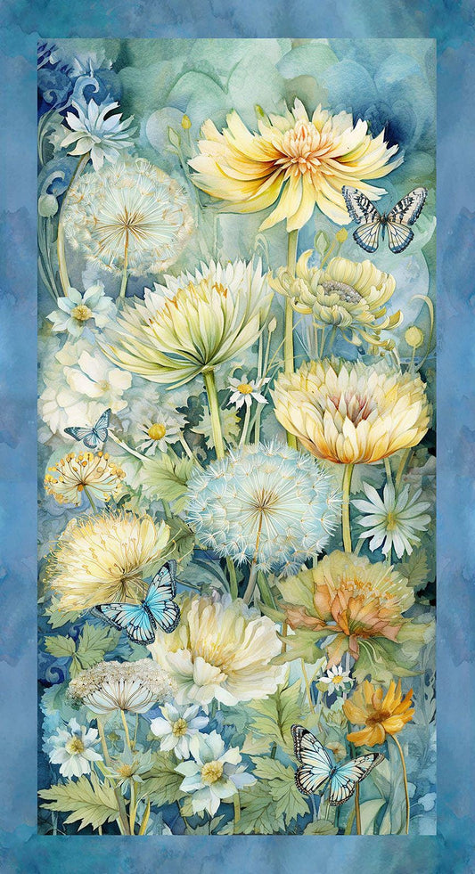 Forest Whisper - Blue Yellow Floral 24" Fabric Panel, Timeless Treasures PANEL-CD3680 Multi, Dandelions Butterflies Fabric Panel