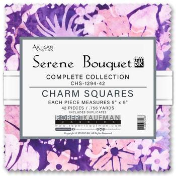 Artisan Batiks Serene Bouquet 5" Charm Squares, Robert Kaufman CHS-1294-42, 5" Precut Pink Purple Floral Batik Charm Pack Fabric Squares