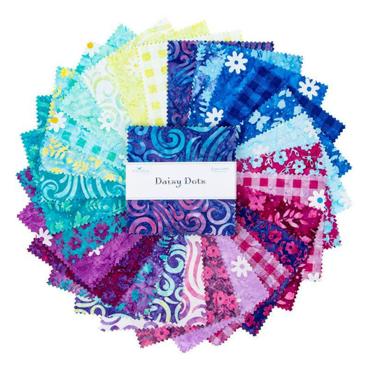 Expressions Batiks - Daisy Dots 5" Stacker, Riley Blake 5-23406-42, 5" Precut Blue Pink Purple Green Floral Batik Fabric Squares