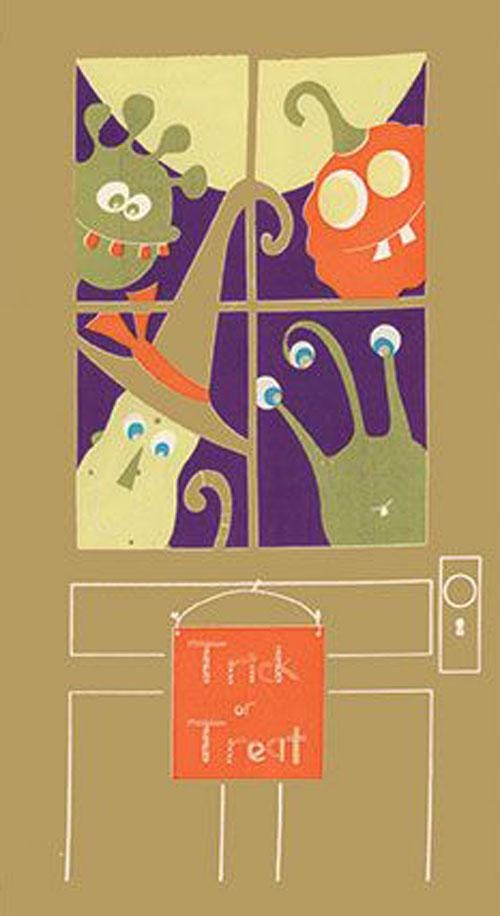 Expressions Batiks - Fright This Way 12" Halloween Monsters Batik Fabric Panel, Riley Blake BT23330-120, Monsters in Door Window Panel