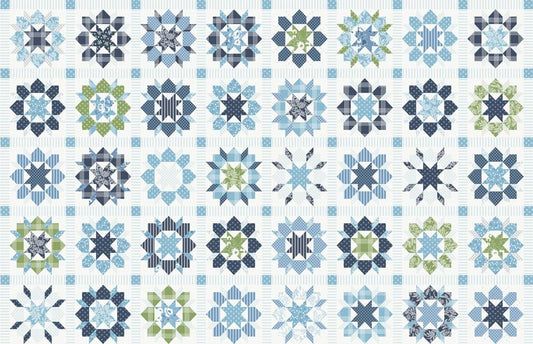 Nantucket Summer - Swoon 60" Cheater Patchwork Fabric, Moda 55268 11, Blue Green Stars on Cream Cheater Fabric, Roskelley, By the Yard