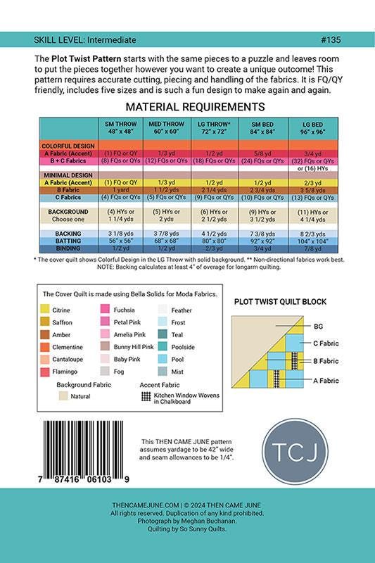 Plot Twist Quilt Pattern, Then Came June TCJ135, FQ Fat Quarter Yardage Friendly Modern Lap Throw Bed Quilt Pattern, Meghan Buchanan