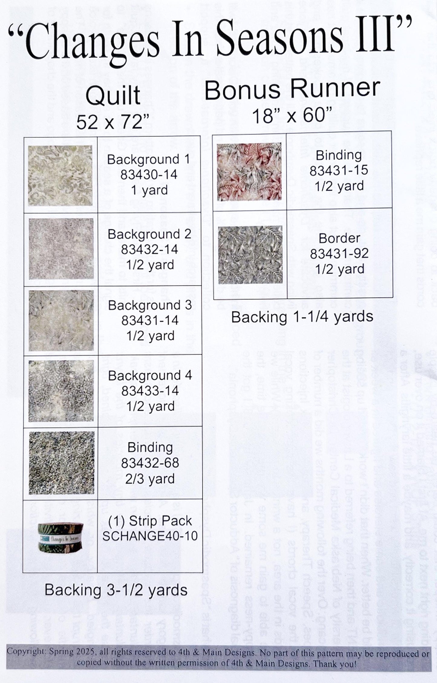 Changes in Seasons III Quilt Pattern, 4th and Main PTNB0520, 2.5" Precut Jelly Roll Strip Friendly Flying Geese Throw Runner Quilt Pattern