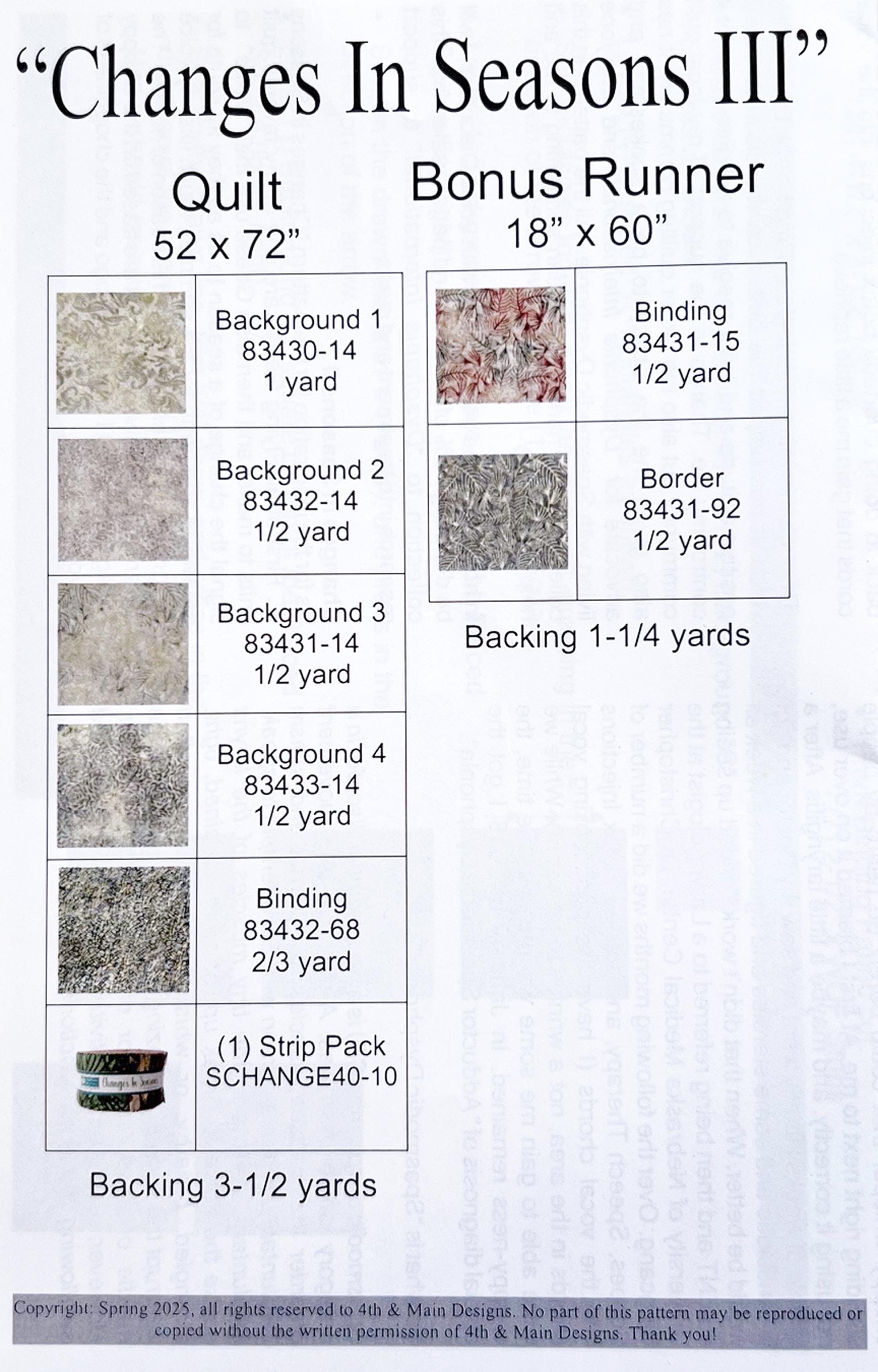 Changes in Seasons III Quilt Pattern, 4th and Main PTNB0520, 2.5" Precut Jelly Roll Strip Friendly Flying Geese Throw Runner Quilt Pattern