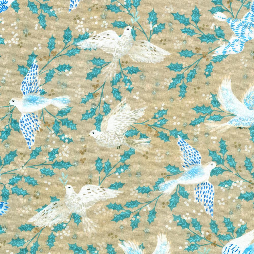 Peaceful Christmas Fabric Roll Up, Robert Kaufman RU-1327-40, Christmas Silver Metallic Blue Beige Teal Doves Trees Fabric