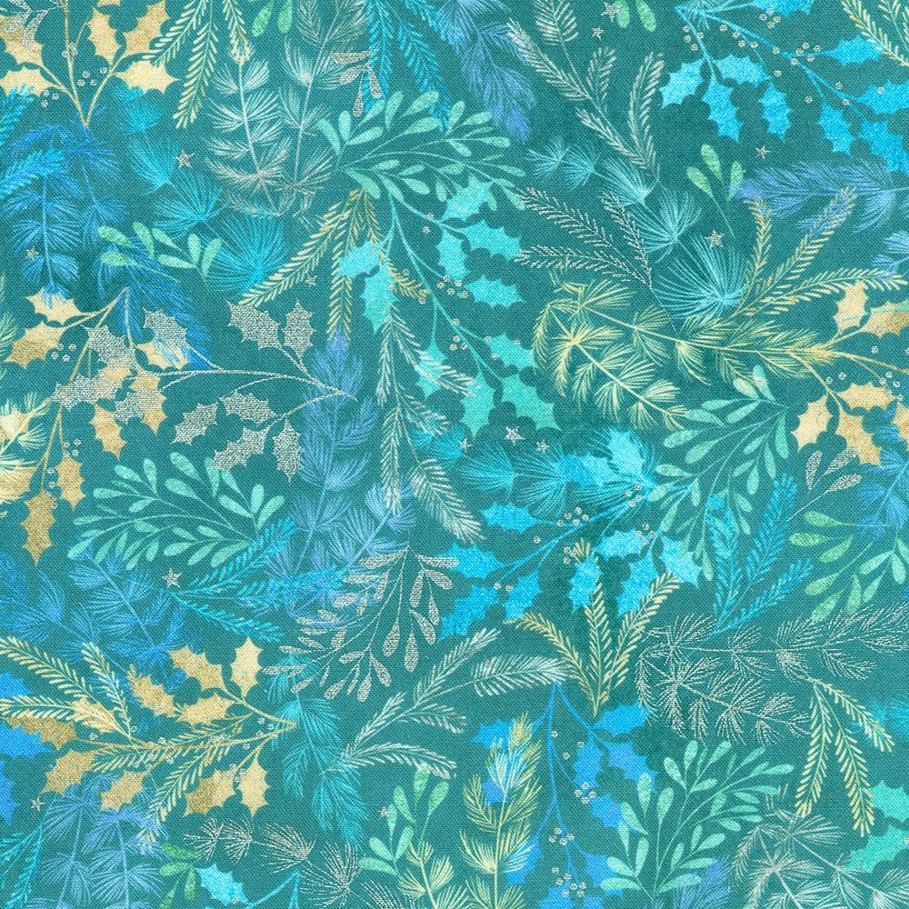 Peaceful Christmas Fabric Roll Up, Robert Kaufman RU-1327-40, Christmas Silver Metallic Blue Beige Teal Doves Trees Fabric