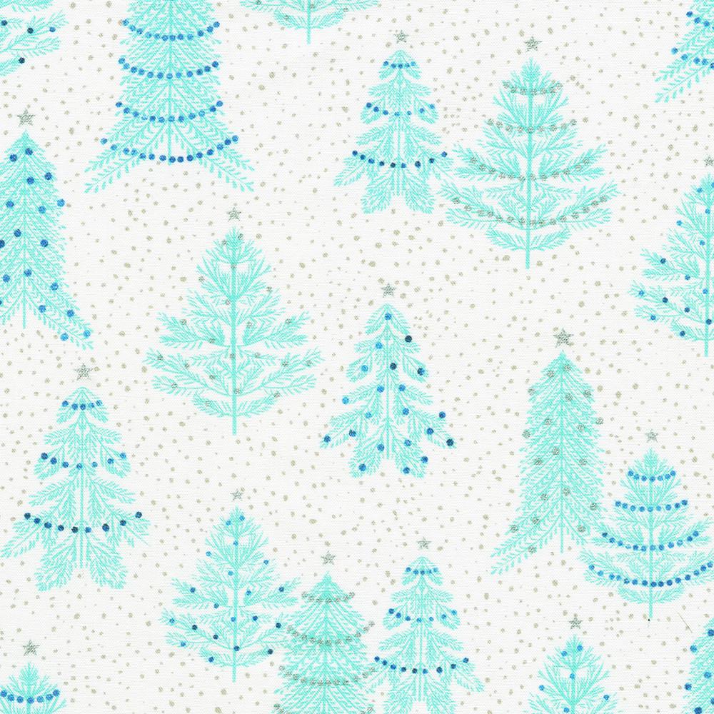 Peaceful Christmas Fabric Roll Up, Robert Kaufman RU-1327-40, Christmas Silver Metallic Blue Beige Teal Doves Trees Fabric