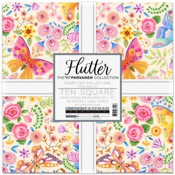 Flutter 10" Fabric Squares, Robert Kaufman TEN-1394-42, 10" Precut Pink Blue Yellow Butterflies Floral Layer Cake Fabric Squares