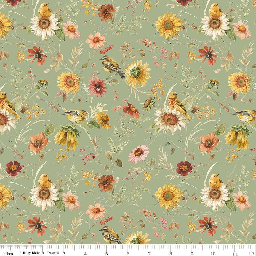 Sunflower Whispers 5" Stacker, Riley Blake 5-16670-42, 5" Precut Botanical Autumn Fall Yellow Green Rust Floral Fabric Squares, Lisa Audit