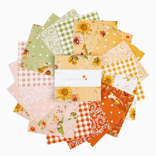 Sunflower Whispers 5" Stacker, Riley Blake 5-16670-42, 5" Precut Botanical Autumn Fall Yellow Green Rust Floral Fabric Squares, Lisa Audit