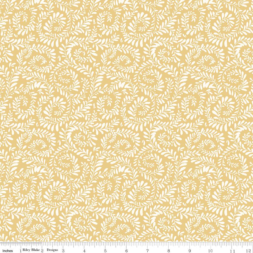 Sunflower Whispers - White Ferns on Yellow Fabric, Riley Blake C16672-Yellow, Autumn Fall Yellow Blender Fabric, Lisa Audit, By the Yard