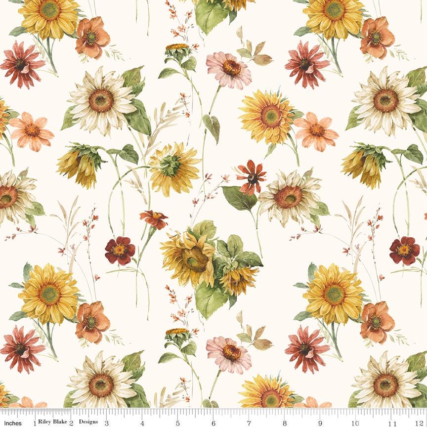 Sunflower Whispers - Sunflowers Fall Flowers on Cream Fabric, Riley Blake CD16670-CREAM, Autumn Fall Floral Fabric, Lisa Audit, By the Yard