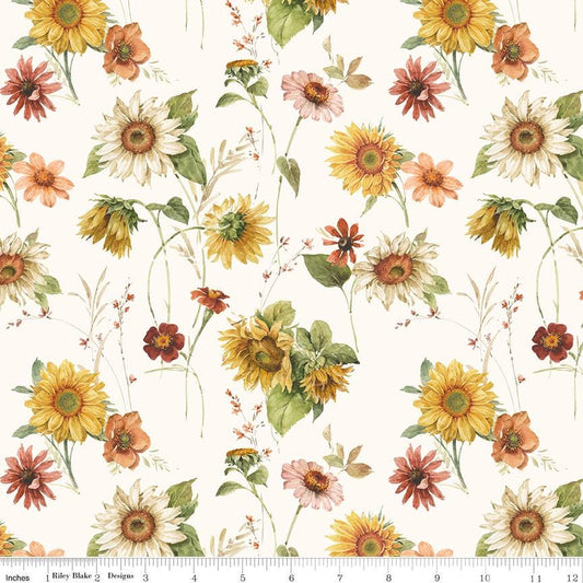 Sunflower Whispers - Sunflowers Fall Flowers on Cream Fabric, Riley Blake CD16670-CREAM, Autumn Fall Floral Fabric, Lisa Audit, By the Yard