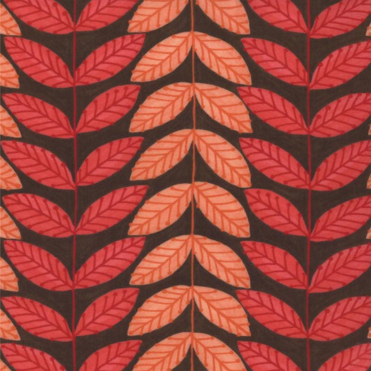 REMNANT 20" of Family Tree - Coral Red Orange Leaves Brown Fabric, Moda 19646-17, Modern Leaf Vine Fabric, Deb Strain