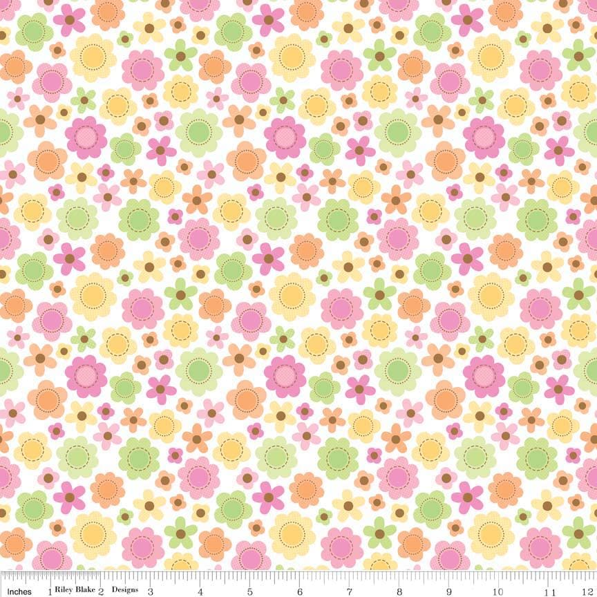DESTASH Sweet Baby Girl - 1 Yard Cut of Yellow Pink Green Flowers on White Fabric, Riley Blake C4292, Cotton Quilt Fabric
