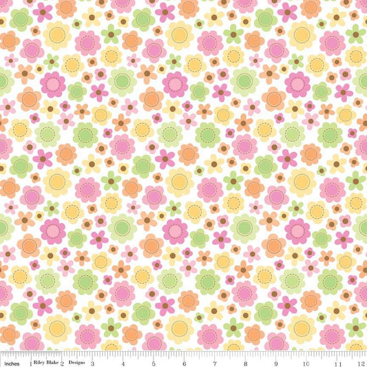 DESTASH Sweet Baby Girl - 1 Yard Cut of Yellow Pink Green Flowers on White Fabric, Riley Blake C4292, Cotton Quilt Fabric