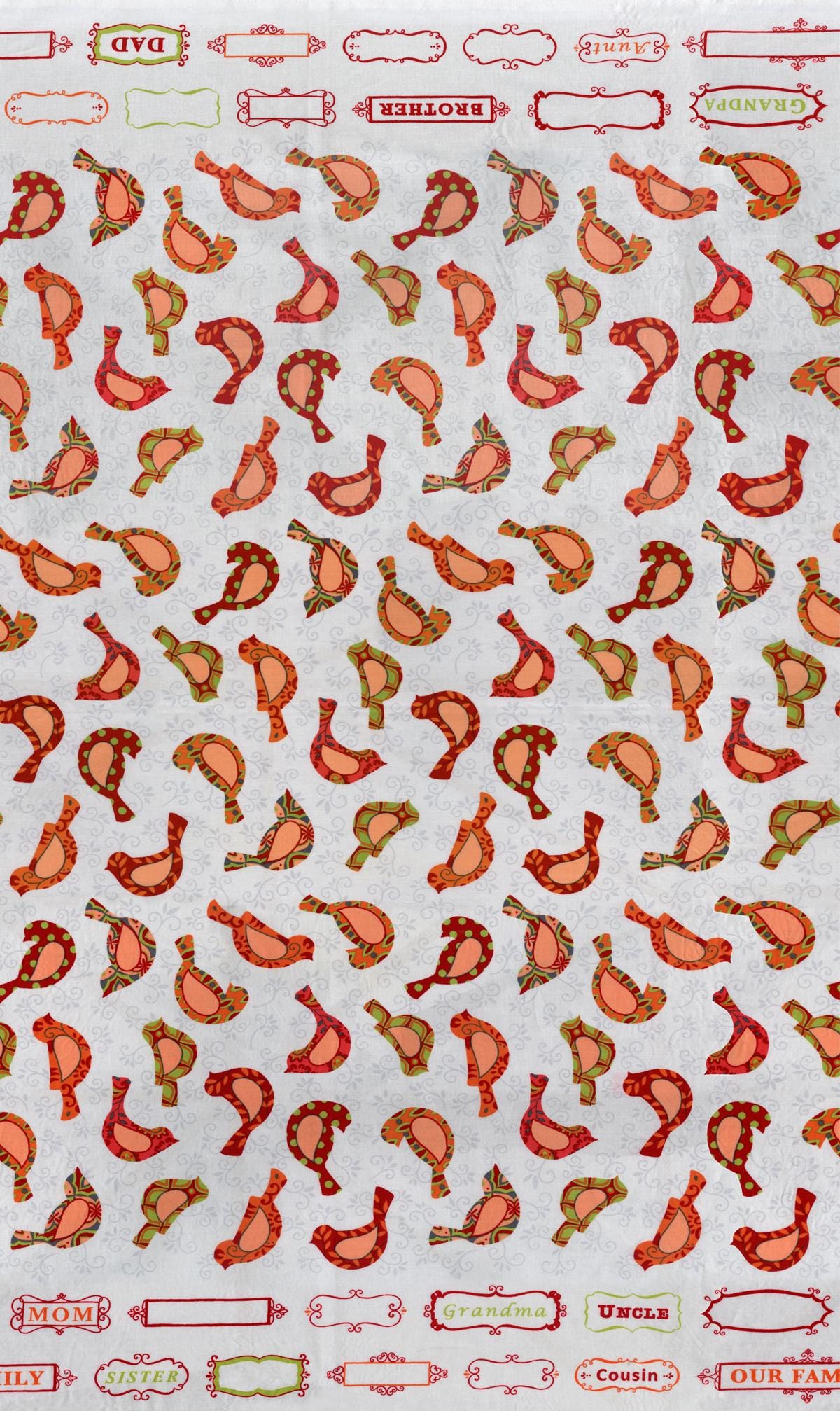 DESTASH Family Tree - Coral Red Pink Birds on Gray White Fabric, Moda 19641-12, Patterned Birds Family Names Fabric, Deb Strain, By the Yard