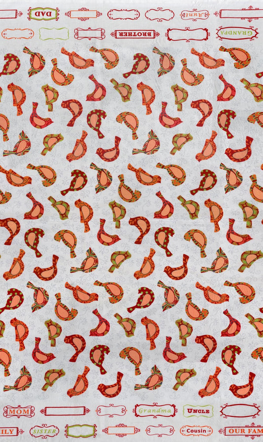 DESTASH Family Tree - Coral Red Pink Birds on Gray White Fabric, Moda 19641-12, Patterned Birds Family Names Fabric, Deb Strain, By the Yard
