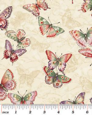 REMNANT 1.5 Yards of Tea House - Butterflies on Beige Fabric, Benartex 1698, Gold Metallic Accent Butterfly Japanese Asian Inspired Fabric