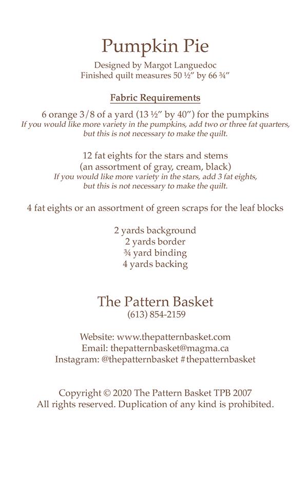 Pumpkin Pie Quilt Pattern, The Pattern Basket TPB2007, Fat Eighths F8 Yardage Friendly Autumn Fall Stars in Pumpkins Quilt Pattern