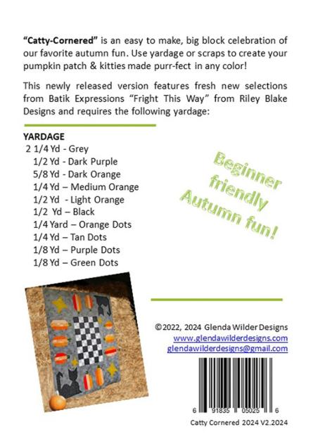 Catty Cornered Quilt Pattern, Riley Blake P248-CATTYCORNERED, Yardage Friendly Halloween Cats Pumpkins Lap Throw Quilt Pattern