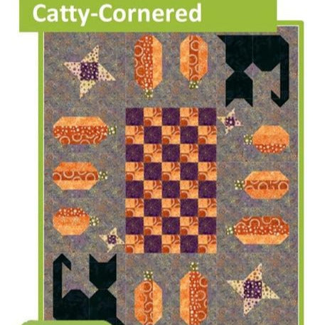 Catty Cornered Quilt Pattern, Riley Blake P248-CATTYCORNERED, Yardage Friendly Halloween Cats Pumpkins Lap Throw Quilt Pattern