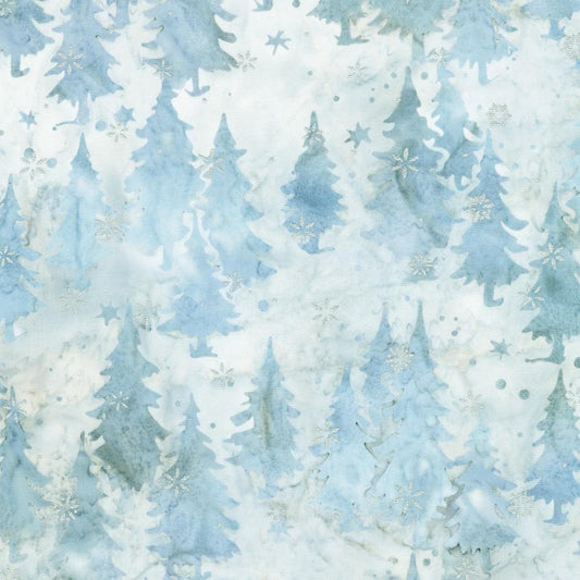 Winter Pines - Winter Trees Batik Fabric, Robert Kaufman AMDM-23141-254 Frost, Winter Gray Trees Silver Metallic Batik Fabric, By the Yard