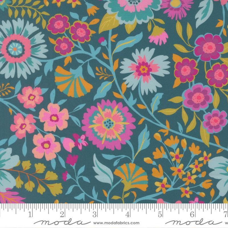 Parlor 5" Charm Pack, Moda 11960PP, Pink Teal Green Floral Charm Pack Fabric, 5" Precut Fabric Squares, Crystal Manning