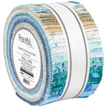 Peaceful Christmas Fabric Roll Up, Robert Kaufman RU-1327-40, Christmas Silver Metallic Blue Beige Teal Doves Trees Fabric