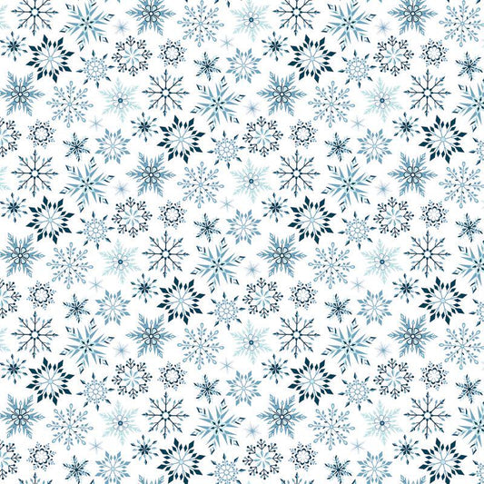 Winter Magic - Blue Snowflakes on White Fabric, Riley Blake C16365-WHITE, Blue White Winter Christmas Snowflake Fabric, Dani Mogstad