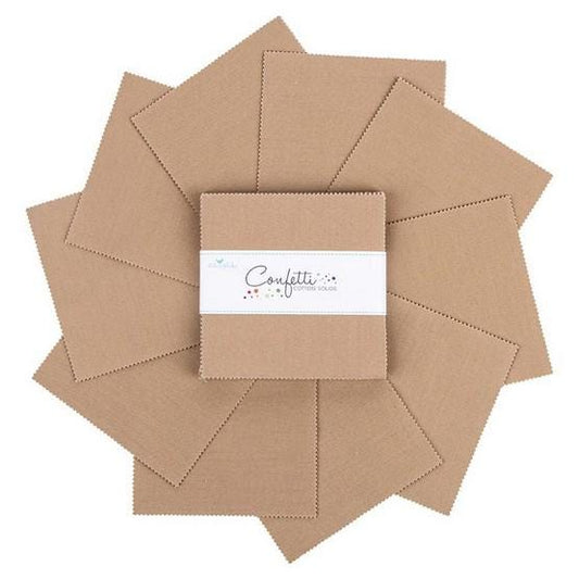 Confetti Cottons - Light Brown Tan 5" Stacker, Riley Blake 5-120-PEBBLE-42 Pebble, 5" Precut Solid Light Brown Tan Cotton Fabric Squares
