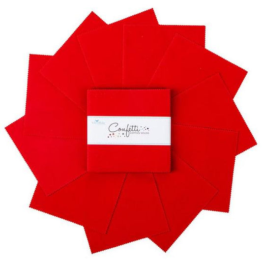 Confetti Cottons - Solid Bright Red 5" Stacker, Riley Blake 5-120-SCHOOLHOUSE-42 Schoolhouse Red, 5" Precut Solid Red Cotton Fabric Squares