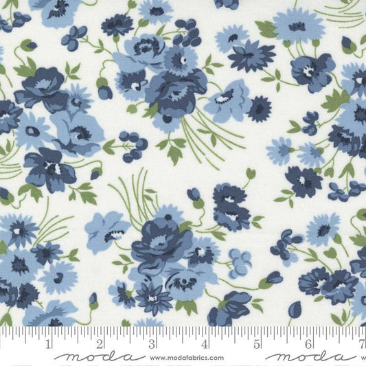 108" Nantucket Summer- Navy Blue Green Floral on Cream Wide Quilt Back Fabric, Moda 108034 11 Cream Multi, Cotton Quilt Backing, By the Yard