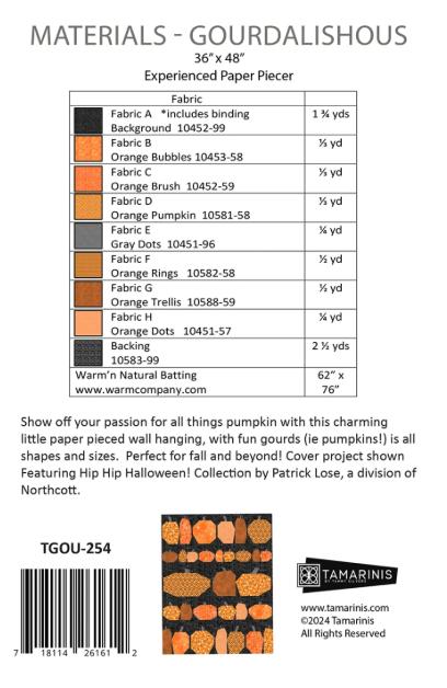 Gourdalishous Quilt Pattern, Tamarinis TGOU-254 PTN5155, Yardage Friendly Foundation Paper Piecing FPP Pumpkins Wall Table Quilt Pattern