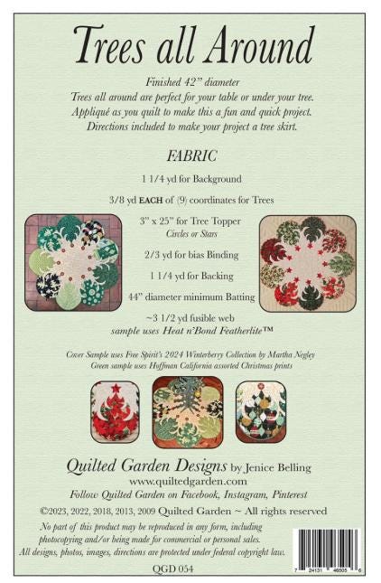 Trees All Around Quilt Pattern, Quilted Garden Designs QGD054, Applique Christmas Xmas Trees Table Topper or Tree Skirt Quilt Pattern,