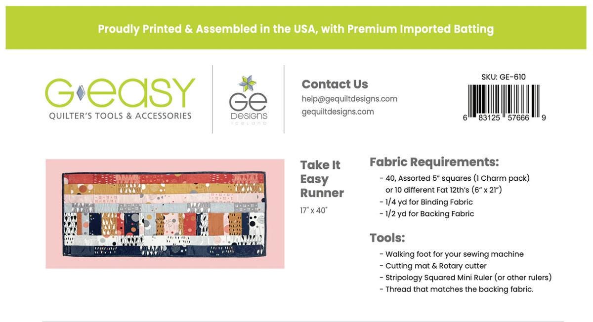 Take it Easy Quilt as You Go QAYG Table Runner Fusible Batting Kit, GE Designs GE 610, Charm Square Friendly Easy Table Quilt Pattern