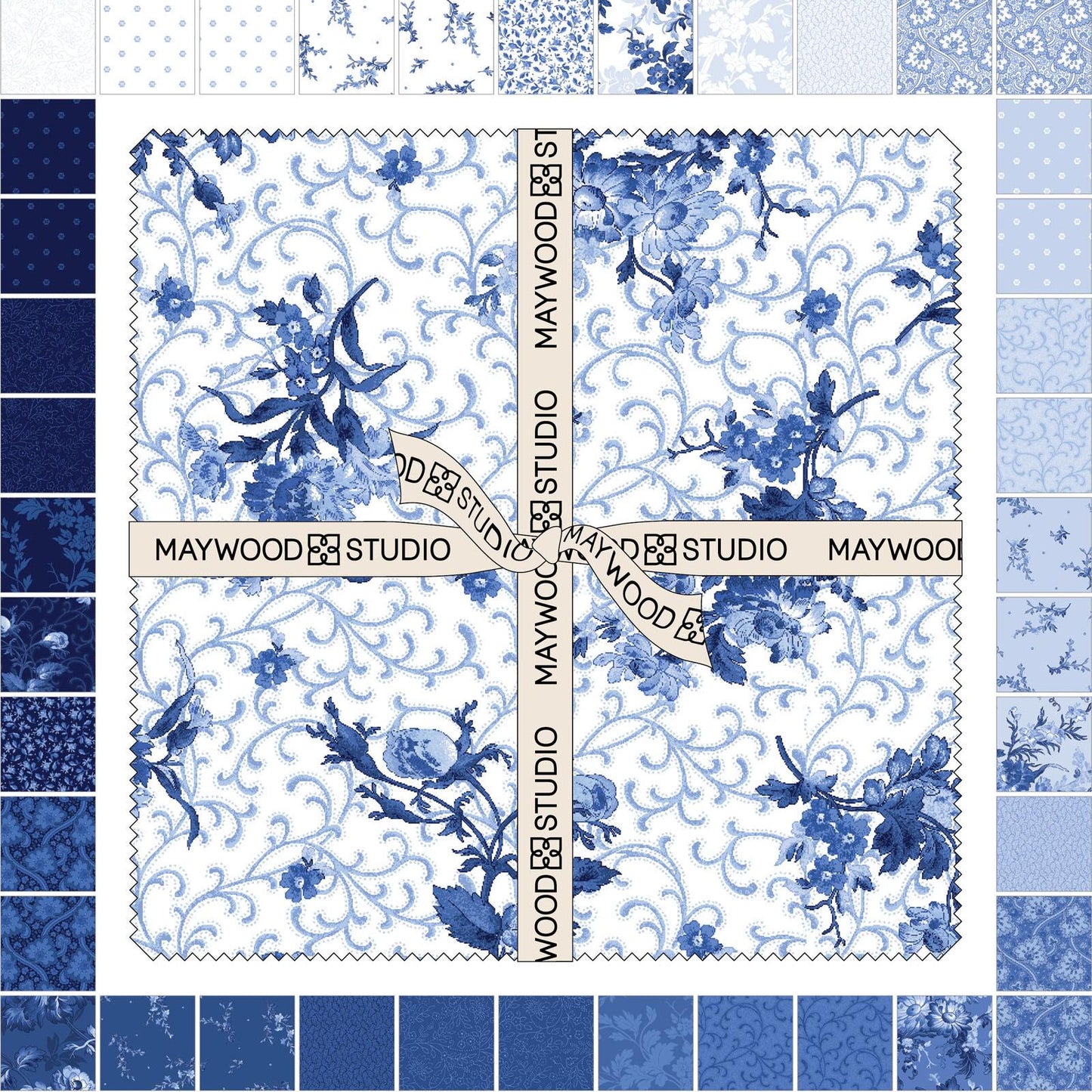 Blue Belle 10" Squares, Maywood Studio SQ-MASBLBE, 10" Precut Blue White Floral Layer Cake Fabric Squares