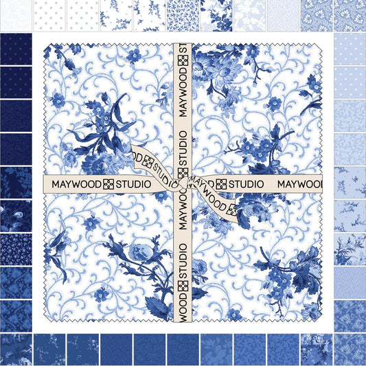 Blue Belle 10" Squares, Maywood Studio SQ-MASBLBE, 10" Precut Blue White Floral Layer Cake Fabric Squares