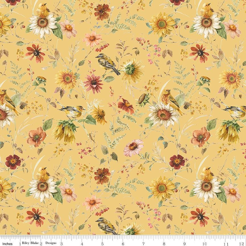 Sunflower Whispers 5" Stacker, Riley Blake 5-16670-42, 5" Precut Botanical Autumn Fall Yellow Green Rust Floral Fabric Squares, Lisa Audit