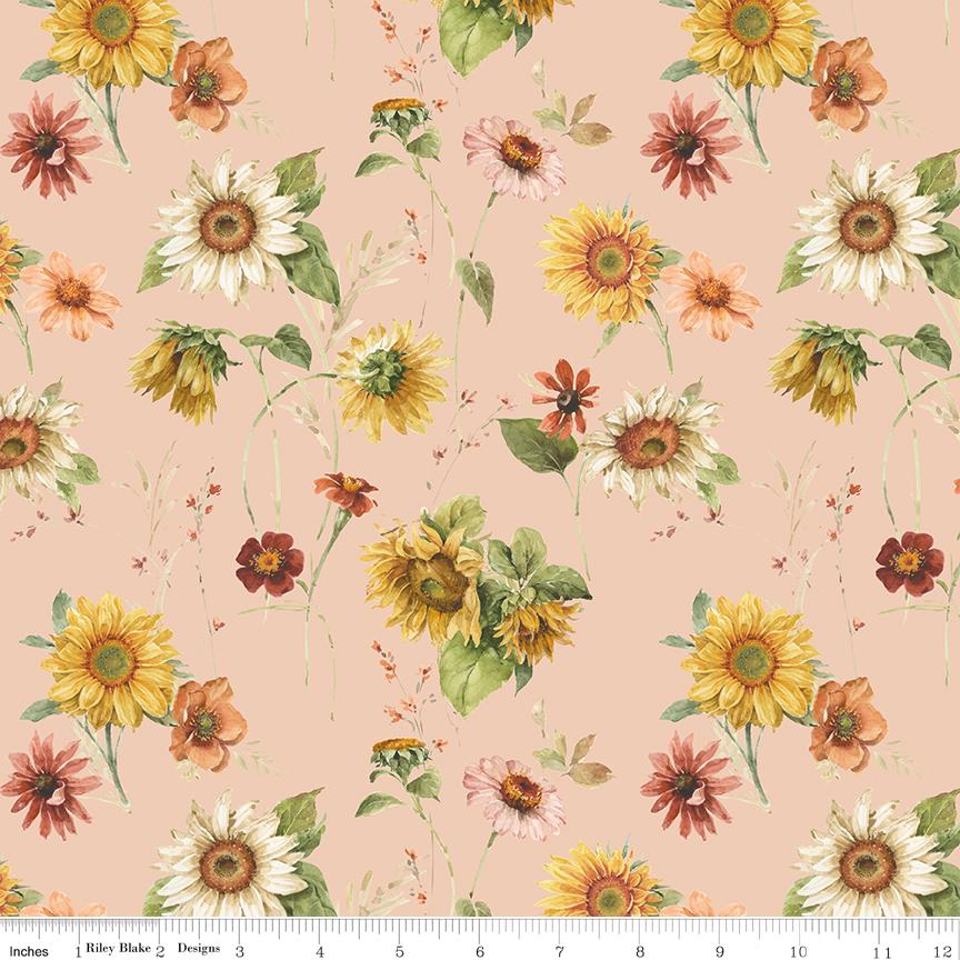 Sunflower Whispers 5" Stacker, Riley Blake 5-16670-42, 5" Precut Botanical Autumn Fall Yellow Green Rust Floral Fabric Squares, Lisa Audit
