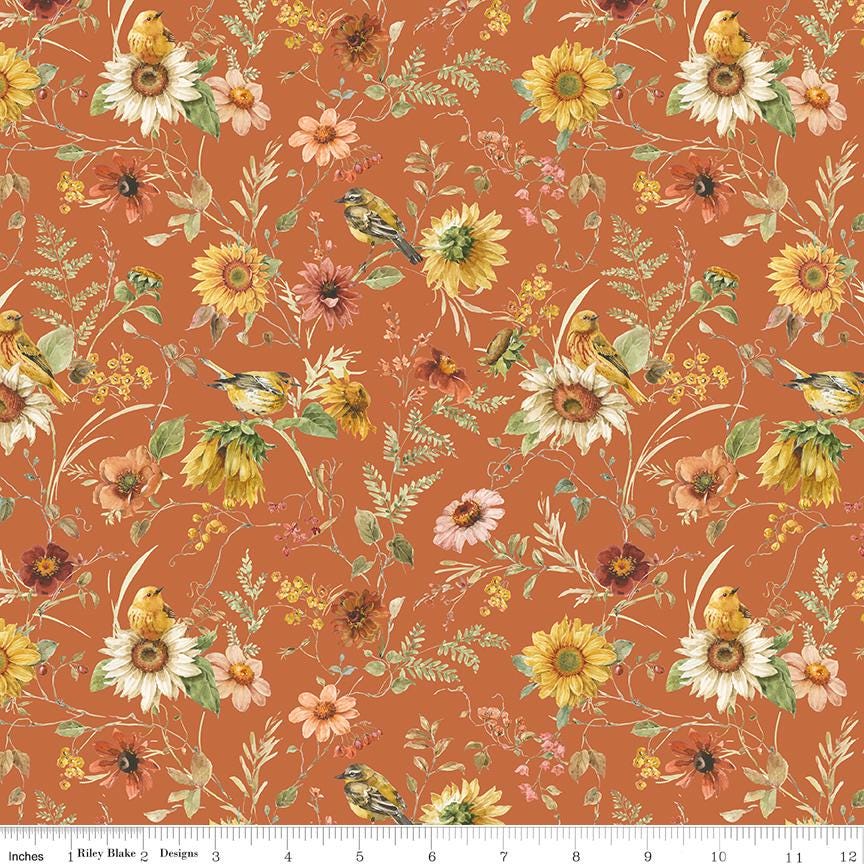 Sunflower Whispers - Prairie Pumpkin Fall Flowers on Rust Fabric, Riley Blake CD16671-PUMPKIN, Autumn Fall Floral Fabric, Audit, By the Yard