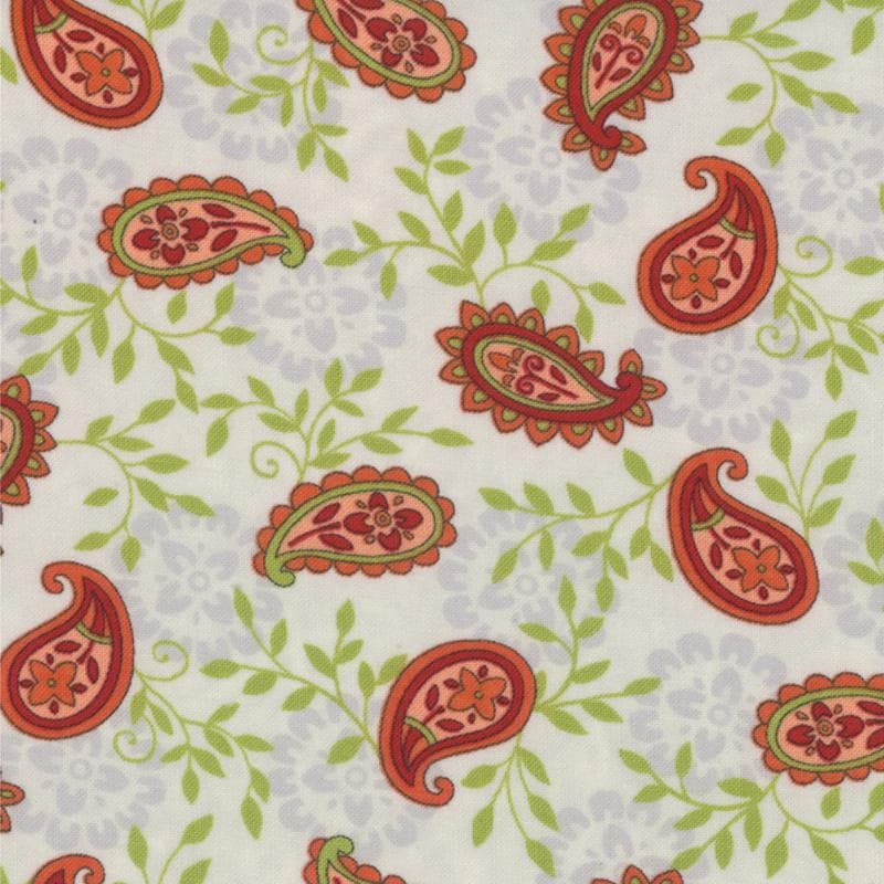 DESTASH Family Tree - Coral Red Green Paisley on Gray White Fabric, Moda 19645-15, Deb Strain, By the Yard